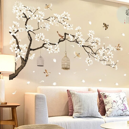 StaticPoster; BWCXXZH Large White Flower Wall Stickers, 50"x74" Removable DIY Romantic Cherry Blossom Tree Wall Murals Peel and Stick 3D Wall Art Stickers Home Decor for Gilrs Bedroom Nursery Rooms Living Room; Category:Wall Stickers; Image:1